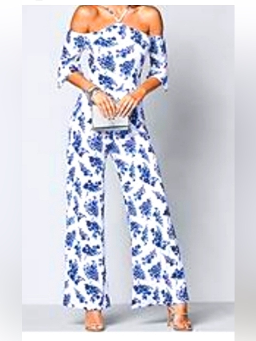 VENUS Off-Shoulder White Jumpsuit with Blue Floral Wide-Leg